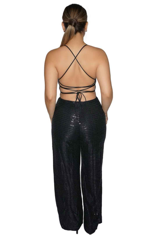 Glam Sequins Drawstring Lace Back Jumpsuit - Storah Fashionwear
