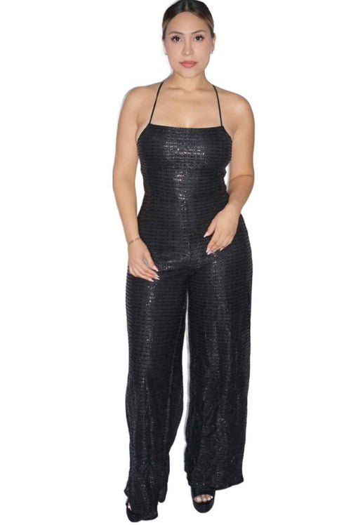 Glam Sequins Drawstring Lace Back Jumpsuit - Storah Fashionwear