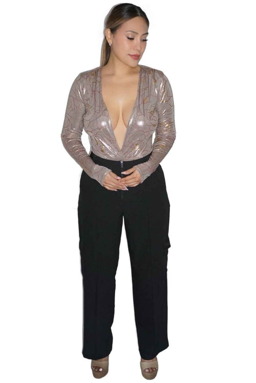 Luxe slinky foil deep v - neck long sleeve bodysuit - Storah Fashionwear