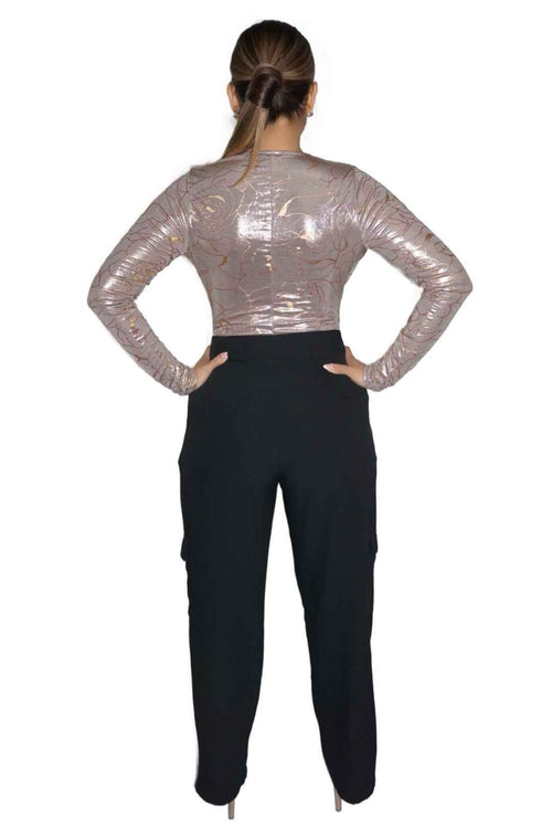 Luxe slinky foil deep v - neck long sleeve bodysuit - Storah Fashionwear