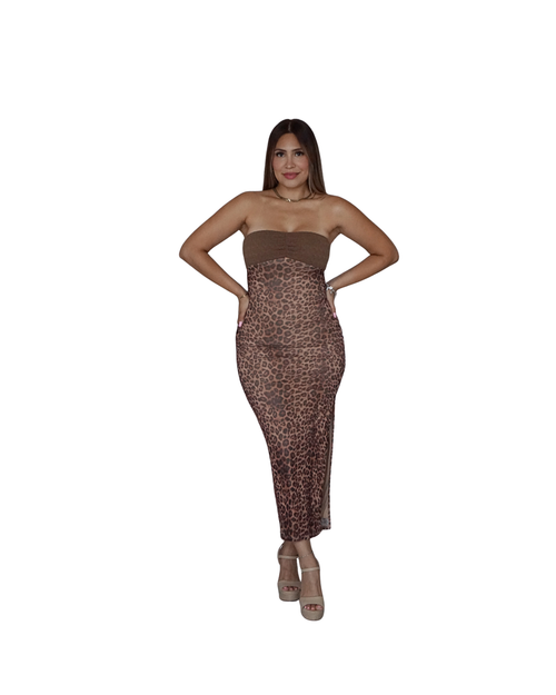 Animal Print Mesh Mix Midi Tube Dress