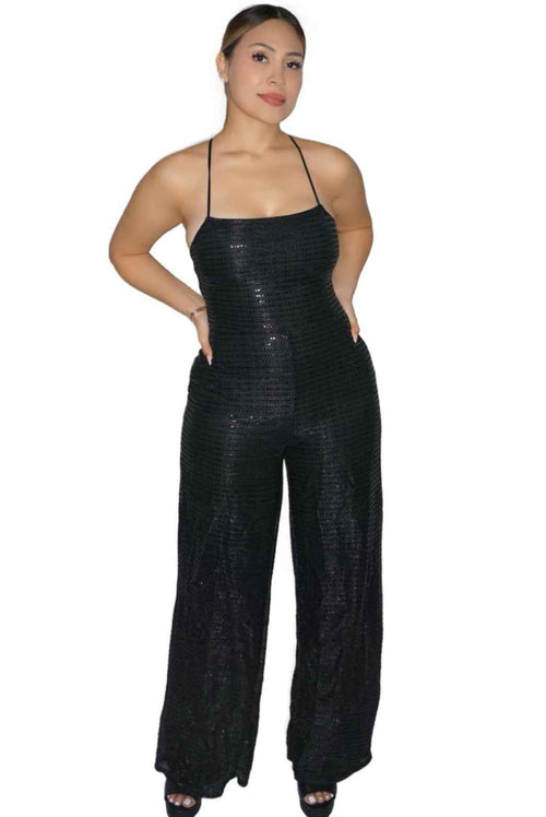 Glam Sequins Drawstring Lace Back Jumpsuit - Storah Fashionwear