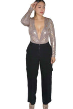 Luxe slinky foil deep v - neck long sleeve bodysuit - Storah Fashionwear