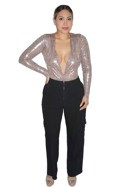 Luxe slinky foil deep v - neck long sleeve bodysuit - Storah Fashionwear