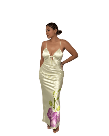 MIA SATIN FLORAL MAXI DRESS IN PASTEL GREEN - Storah Fashionwear