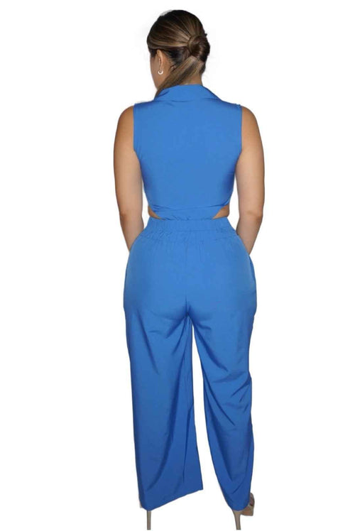 Plunge cutout bodysuit wide leg pants set - Storah Fashionwear